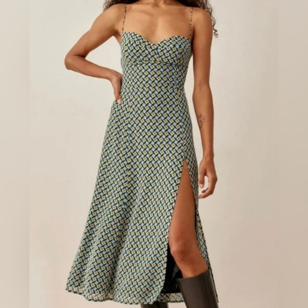 Reformation geo print blue dress